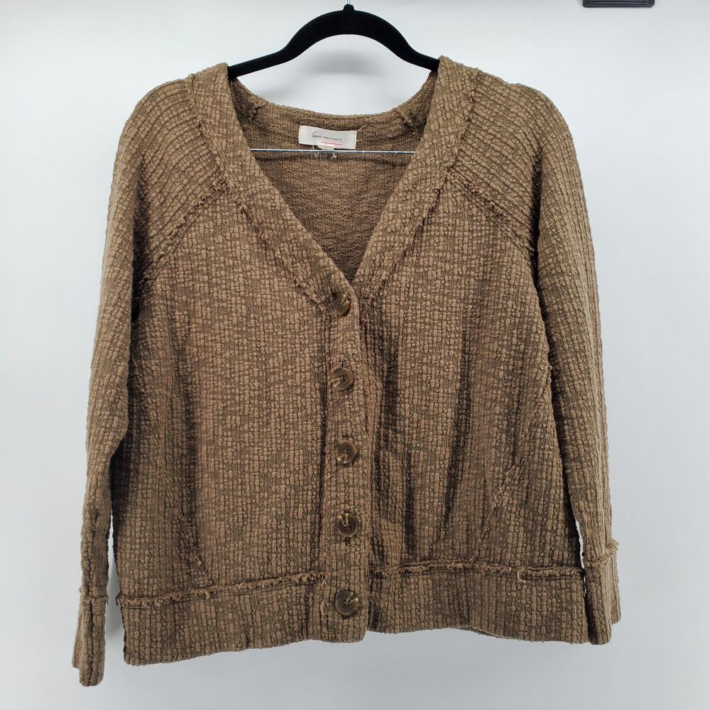 Two by Vince Camuto Women's Olive Green Thick Cotton Tweed Button Down Cardi |M